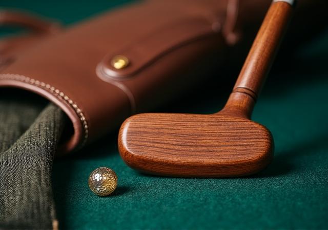 Colección artesanal de accesorios de golf en cuero y madera
