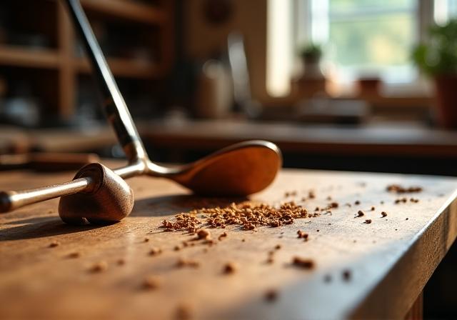 Imagen detallada del taller de Madera Pura mostrando herramientas de carpintería y palos de golf en proceso