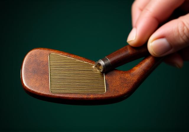 Primer plano de un palo de golf de madera persimmon antiguo siendo pulido