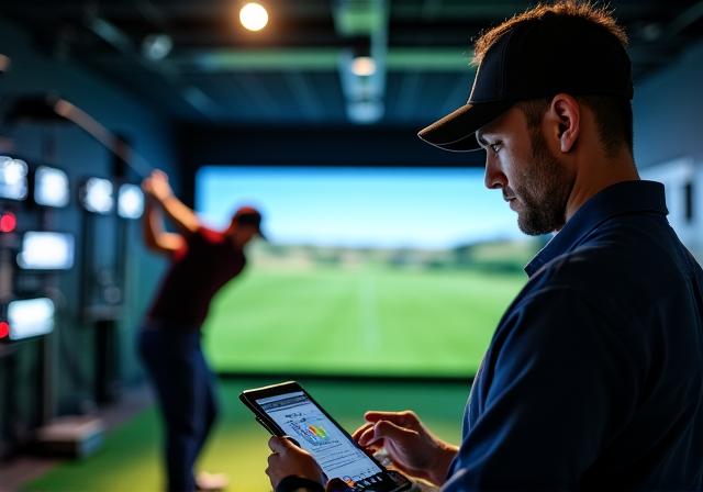 Analista de golf profesional examinando los datos de un radar de swing