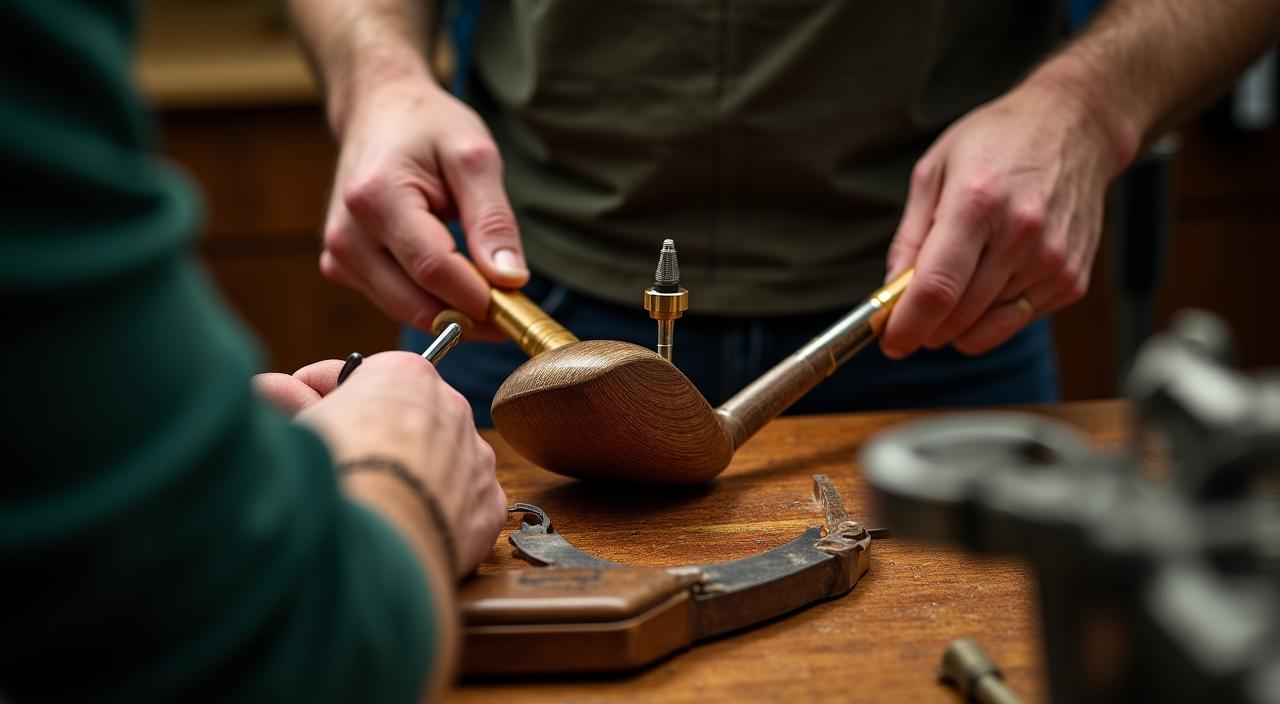 Maestro artesano midiendo un palo de golf de madera en un taller premium