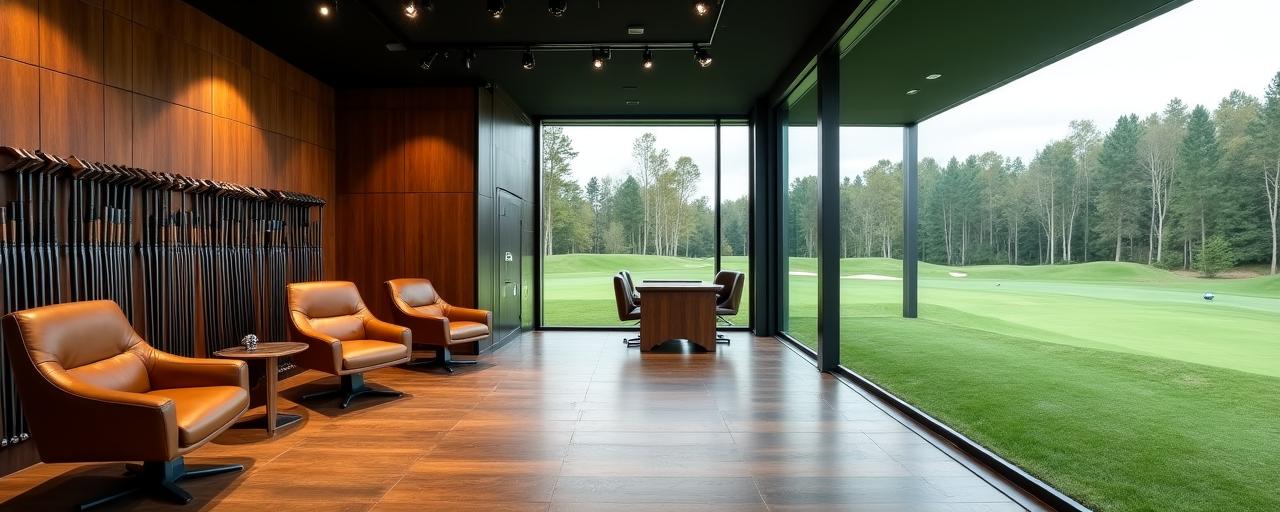 Estudio de fitting de golf de lujo con instrumentos de medición y maderas artesanales