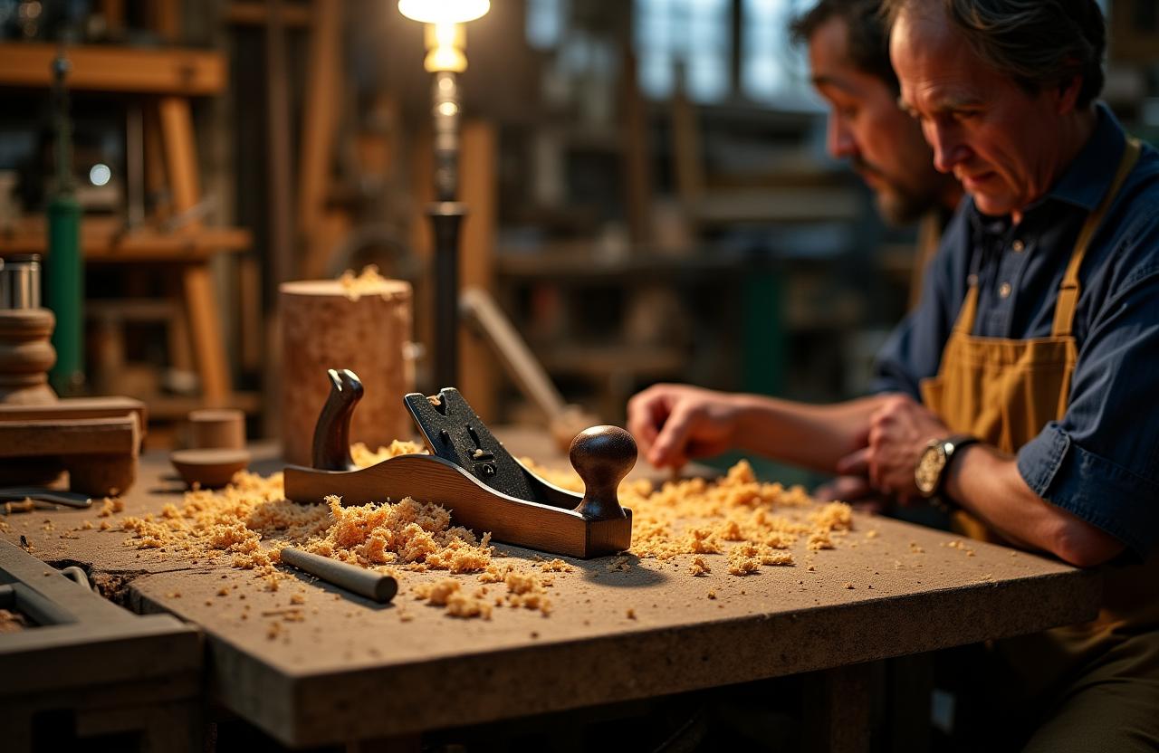 Taller de Madera Pura mostrando herramientas de carpinter&iacute;a tradicionales y virutas de madera