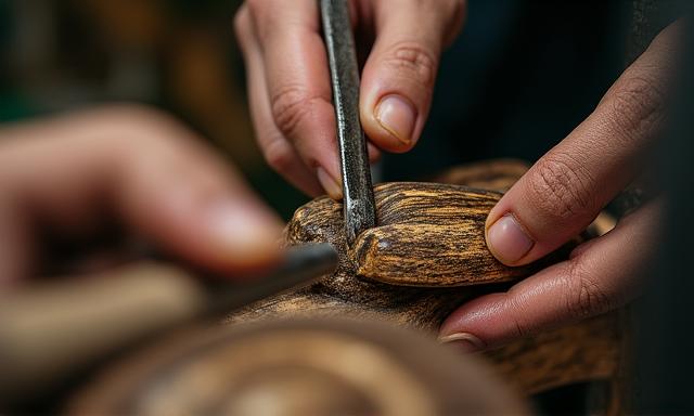 Artesano trabajando con precisión en un palo de golf de madera