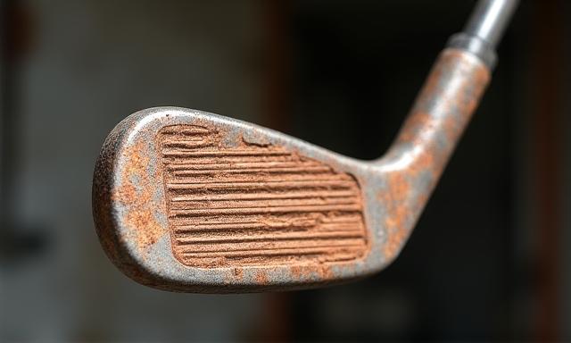 Hierro de golf con oxido y marcas de impacto profundas