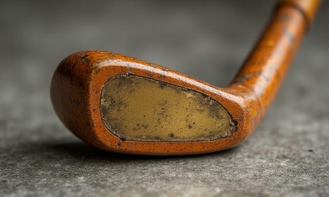 Cabeza de palo de golf de madera antigua con grietas y desgaste
