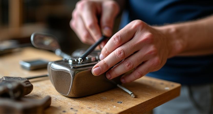 Detalle de fabricación artesanal de palo de golf de madera y acero